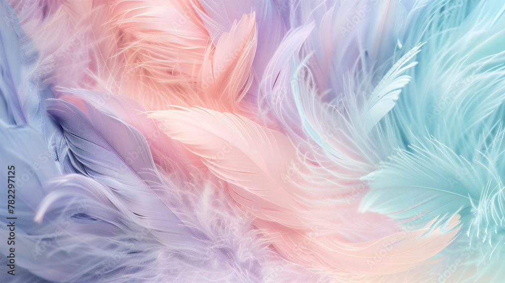Delicate background of pastel colors from fluffy feathers of soft purple, soft turquoise and soft pink close-up Delicate background of pastel colors from fluffy feathers of soft purple, soft turquoise and soft pink close-up