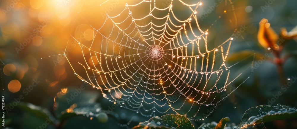 Morning sun rays illuminating dew-dropped cobweb leaves in the early light of day, wide banner, copy space