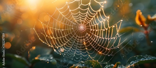 Morning sun rays illuminating dew-dropped cobweb leaves in the early light of day, wide banner, copy space