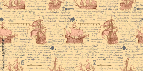 seamless texture in the style of a medieval nautical record of the captain's diary engraving sketch © Олег Резник
