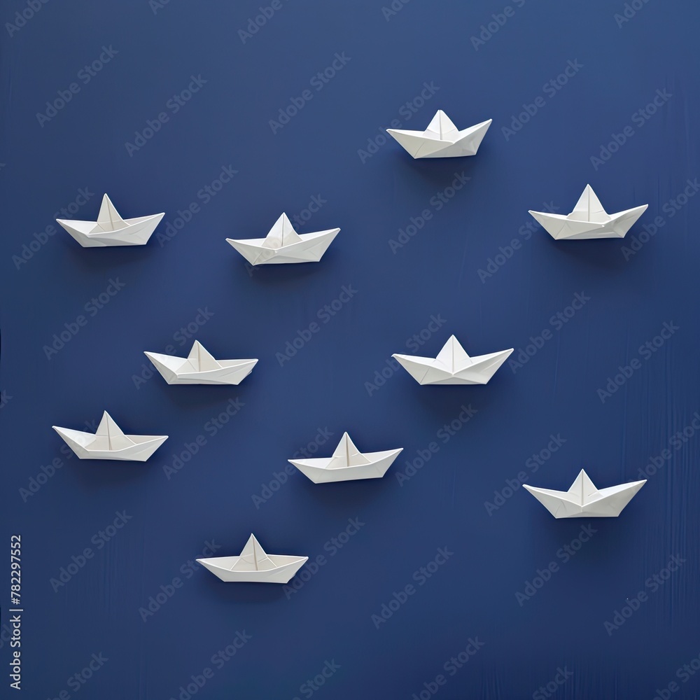 A series of small white origami boats on a deep blue background A series of small white origami boats on a deep blue background