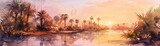 A desert oasis scene with lush palm trees and a tranquil river at sunset, creating a peaceful retreat,watercolor illustation