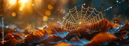 Glistening cobweb on vibrant red autumn leaves with dew drops under the morning sun rays, wide banner, copy space