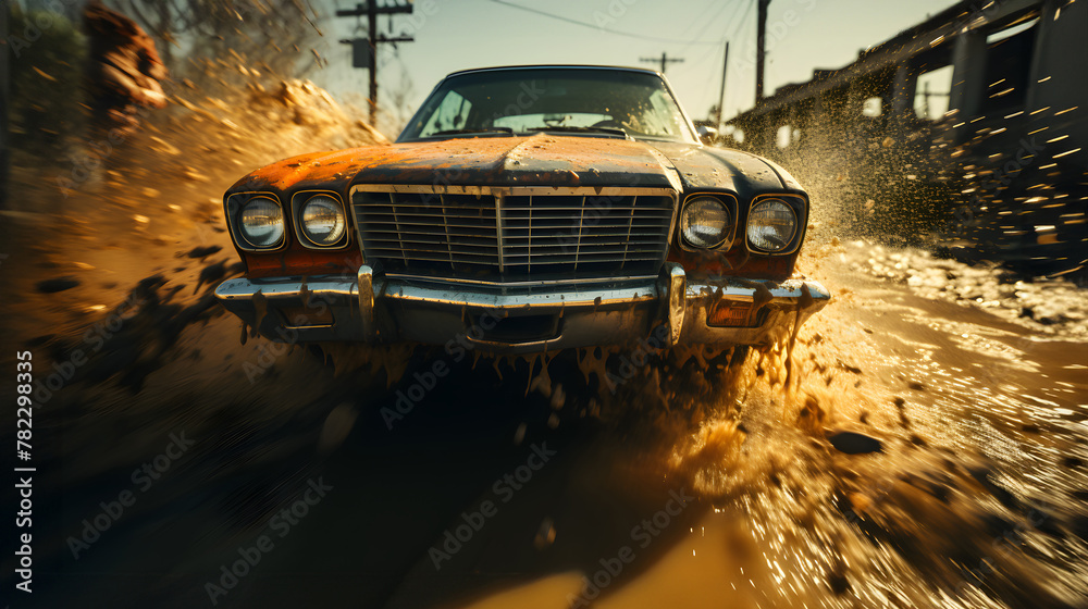 High-speed pursuit through muddy terrain: A cinematic capture of a classic muscle car in action