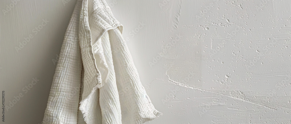 White cotton dish towel, neatly hung on silver hook against plain white background. Minimalist design. White cotton dish towel, neatly hung on silver hook against plain white background. Minimalist design.