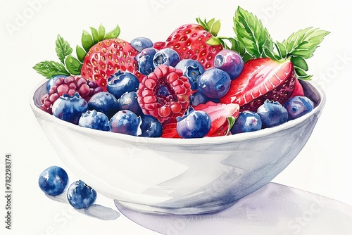 A white bowl full of mixed fresh berries, including strawberries, blueberries, and raspberries, garnished with mint,watercolor illustation