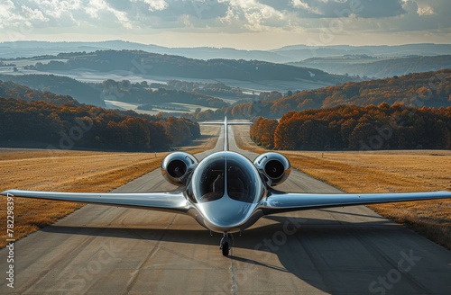 A single-engine aircraft sits on a runway, readiness to explore the skies against a sweeping countryside backdrop photo