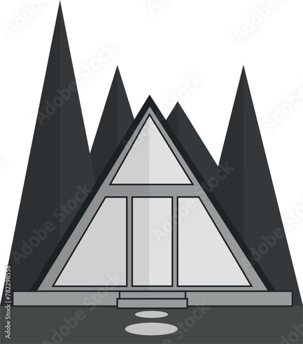 Glamping in a house in the forest black and white isolated