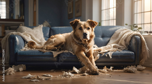 Pet dog sitting on damaged sofa with torn furniture in living room. Naughty dog making mess while being home alone photo