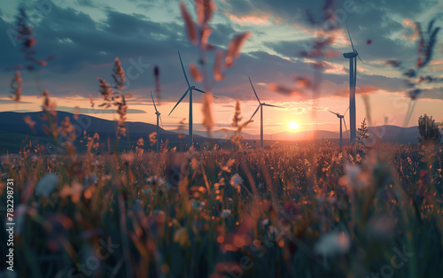 Wind energy farm illuminated by a vibrant sunset - Rows of wind turbines - eco-friendly power, green alternative energy.