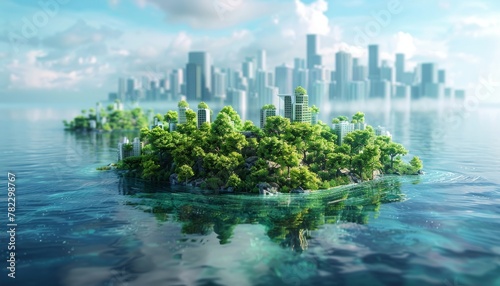 A city island surrounded by water with a city skyline in the background by AI generated image