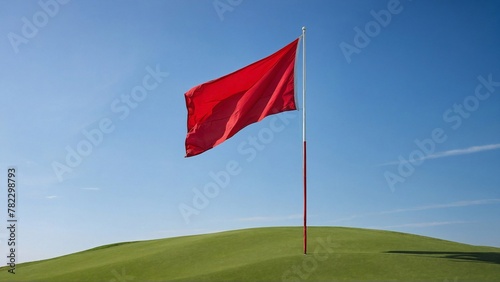 red flag waves atop lush hill against clear blue sky background