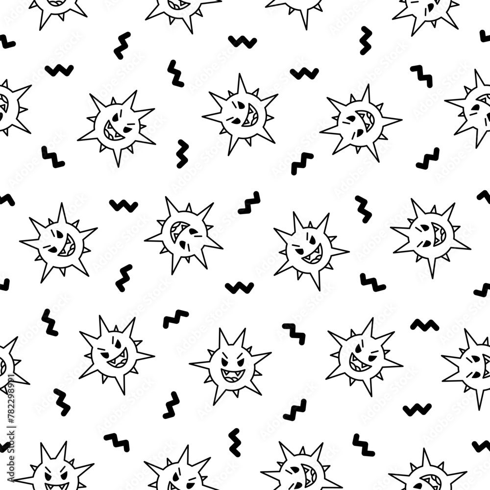 Viruses kawaii. Seamless pattern. Coloring Page. Cute cartoon characters of bacterial infection and microbe. Hand drawn style. Vector drawing. Design ornaments.