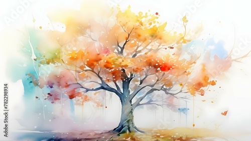 Colorful watercolor autumn tree painting