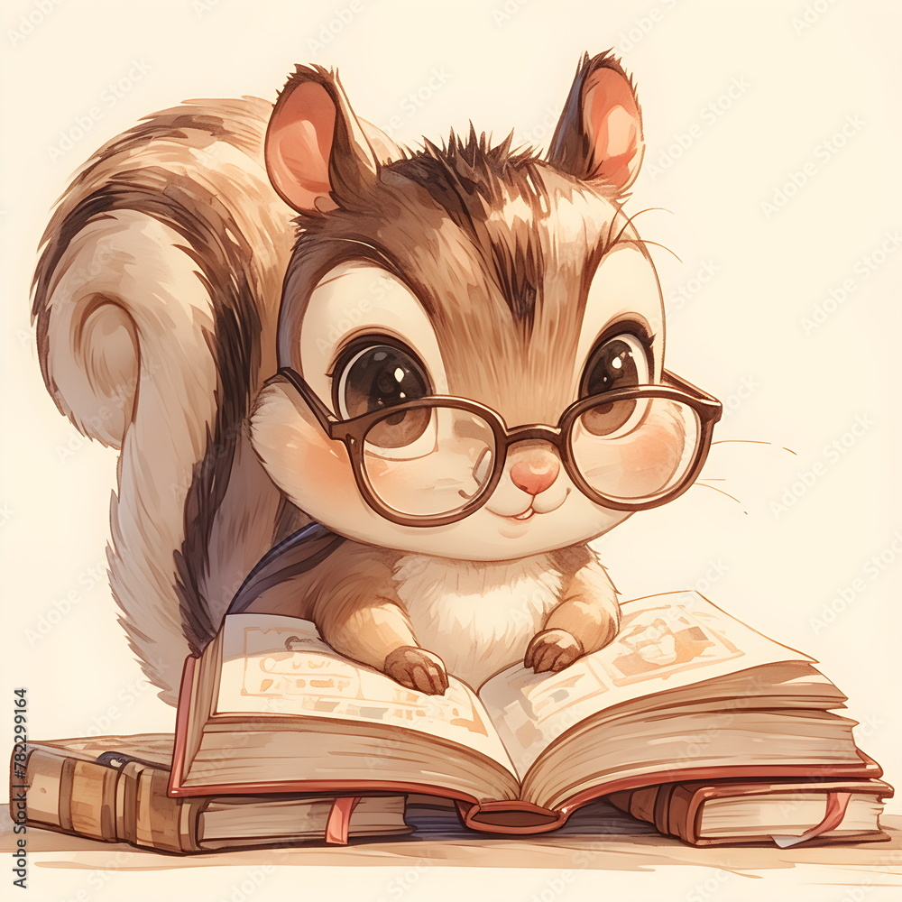 Cute clever character squirrel sitting and reading a book, funny forest animal Illustration on a white background

