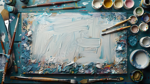 The canvas is being painted with brushes and paint, creating art on a rectangle photo