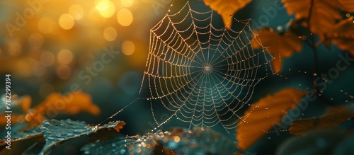 Morning sunlight glistening on cobweb strands among dewy leaves under the morning sun rays, wide banner, copy space photo