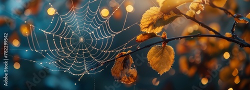 Autumn morning sun rays illuminating dewy cobweb on leaves in tranquil nature setting, wide banner, copy space photo