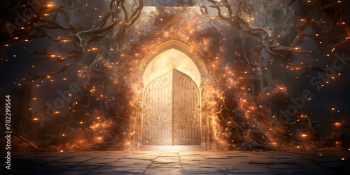 Mystical gateway engulfed by ancient trees  A vision of baroque and fantasy