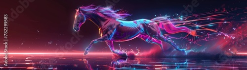 A horse galloping its mane and tail streaming with neon light © 220 AI Studio