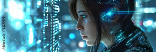 A woman with blue eyes and a blue outfit is looking at a computer screen by AI generated image