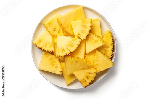Pineapple Cuts Isolated, Raw Ananas Pieces, Comosus Tropical Fruit Chunks, Ripe Pine Apple Slices on White photo