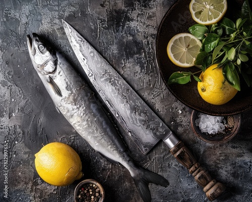 A chefs knife beside a fresh whole fish photo