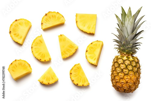 Pineapple Cuts Isolated, Raw Ananas Pieces, Comosus Tropical Fruit Chunks, Ripe Pine Apple Slices on White photo