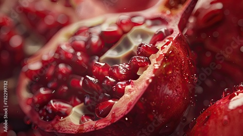 A close-up of a pomegranate open and filled with ruby-red seeds