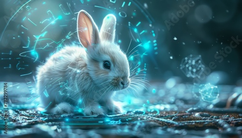 A rabbit is sitting in a blue and white background with a lot of numbers by AI generated image