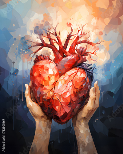 Cradling Affection: Low Polygonal Heart in Human Hands on Solid Background