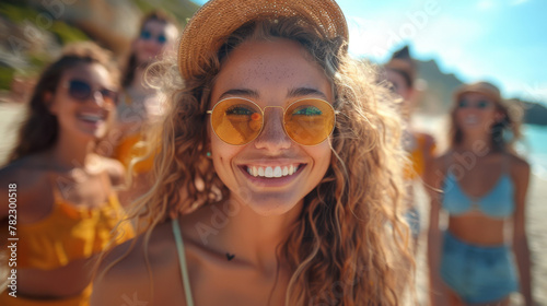 Portrait, smile and a group of friends on a blue sky outdoor together for freedom, bonding or fun from below. Diversity, travel or summer with happy men and women laughing outside on vacation