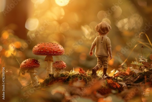 A child in a beret and vintage clothing walks among red spotted mushrooms in a golden forest landscape