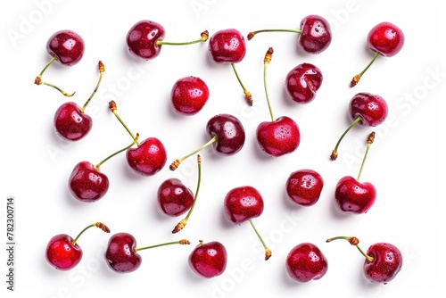 red sweet cherry isolated on white background with clipping path . Top view. Flat lay . photo on white isolated background