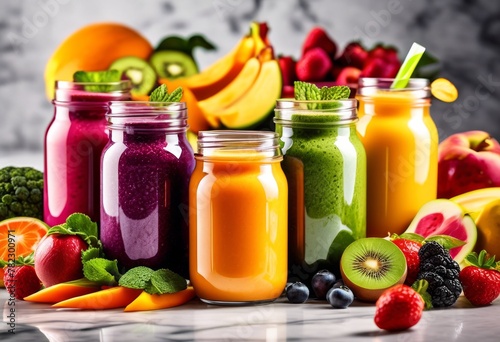 illustration, colorful smoothie blends glass jars marble healthy fresh fruits organic drink choices, table, vegetables, vibrant, nutritious