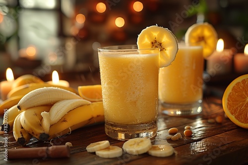 A refreshing banana and orange smoothie served in a glass on a wooden table