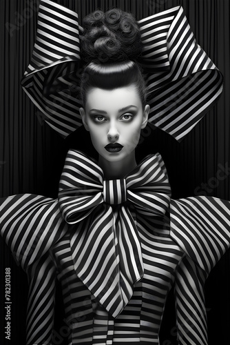 Monochrome Elegance: Surreal Portrait of a Woman in Striped Attire