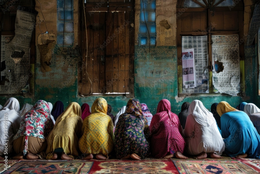 A row of women in traditional dress and headscarves praying inside a mosque, facing away from the camera, with an aged wall and windows in the background. - obrazy, fototapety, plakaty 