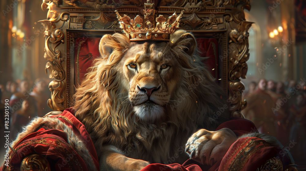 Royal lion sitting on a throne, closeup view.
Royal lion sitting on a throne, closeup view.