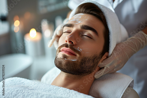 Close-up portrait of masculine looking man with beard doing beauty or body care treatment. Representative image of personal care in men.