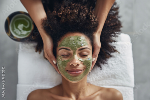 An ethnic African woman lying in a beauty salon receiving a natural herbal facial treatment. Beauty, natural and personal care treatment.
