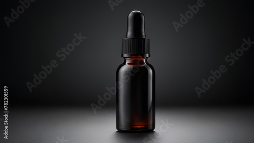 Black glass serum dropper bottle on black background. Cosmetic oil pipette drop container, beauty product vial. Natural face treatment. Beauty and body care product concept.