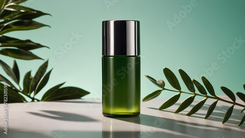Cosmetics bottle on light background with green leaves. Organic natural ingredients beauty product. Skin care, beauty and spa product presentation