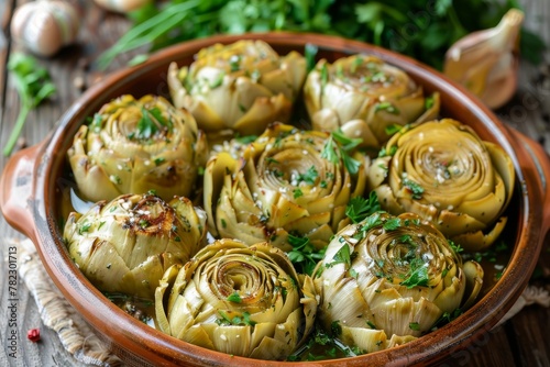 Artichokes baked with garlic mustard and parsley seen from above © LimeSky