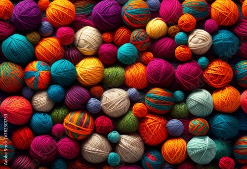 illustration, colorful yarn balls knitting crochet hobby craft projects, wool, skeins, needles, handmade, textiles, threads, creative