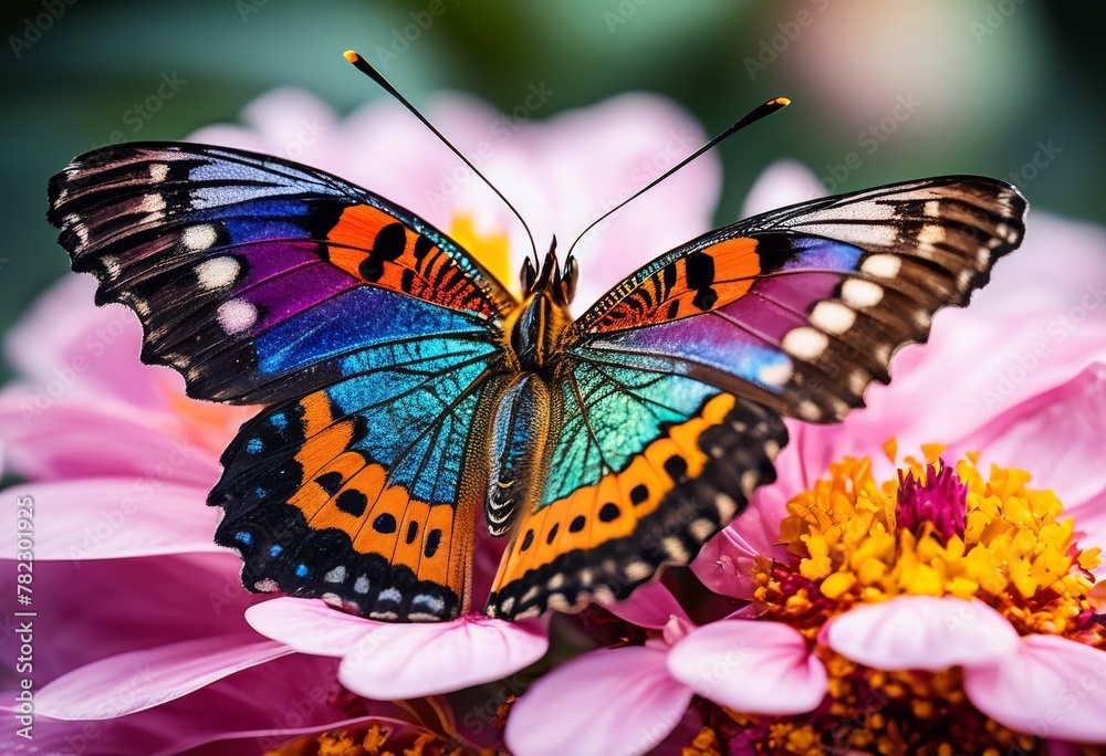 Fototapeta premium illustration, vivid butterfly perched flower petals close nature, colorful, vibrant, insect, wildlife, closeup, beautiful, macro, garden, delicate