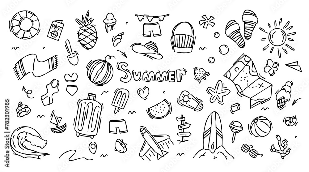 Set of travel doodle hand drawn summer, beach party, vacation and travel doodle elements. Tourism and summer adventure icons. Pictures of travel elements. Summer doodle elements. Summer and rest Set of travel doodle hand drawn summer, beach party, vacation and travel doodle elements. Tourism and summer adventure icons. Pictures of travel elements. Summer doodle elements. Summer and rest