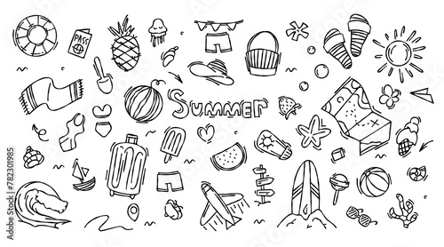 Set of travel doodle hand drawn summer, beach party, vacation and travel doodle elements. Tourism and summer adventure icons. Pictures of travel elements. Summer doodle elements. Summer and rest