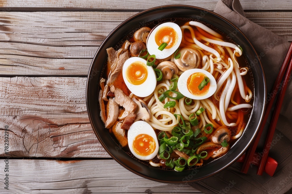 Asian noodle soup with pork eggs mushrooms and green onions in a bowl on table Top view Asian noodle soup with pork eggs mushrooms and green onions in a bowl on table Top view