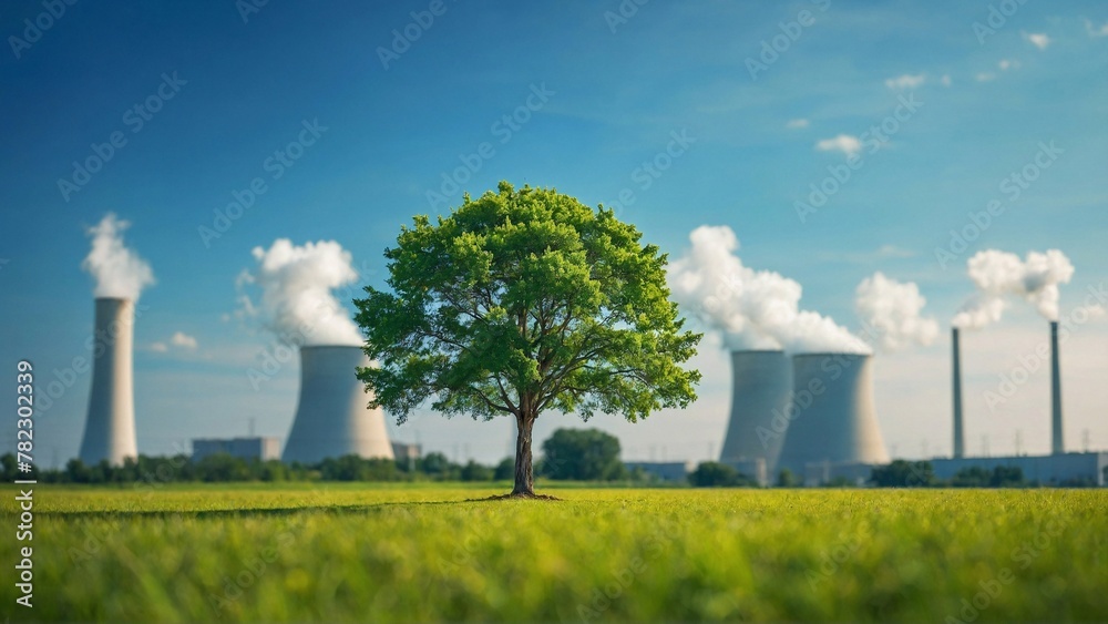 green tree beside nuclear plant, call for eco-friendliness and renewable energy solutions